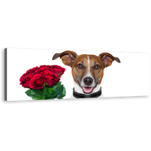 Load image into Gallery viewer, Romantic Dog Canvas Print, Dog Holding Red Roses 1 Piece Canvas Wall Art, Brown Dog Holding Present Canvas Artwork
