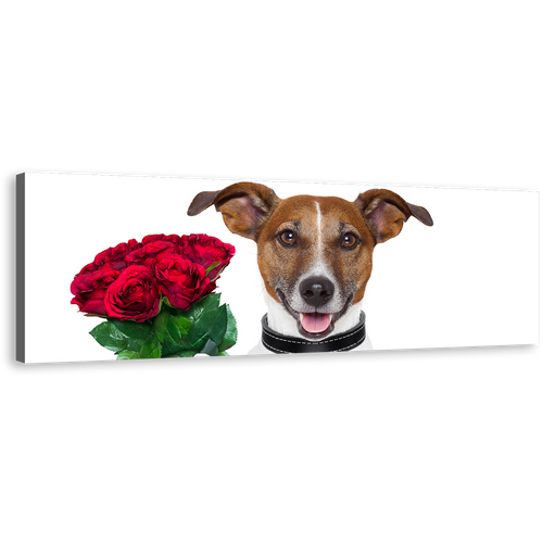 Romantic Dog Canvas Print, Dog Holding Red Roses 1 Piece Canvas Wall Art, Brown Dog Holding Present Canvas Artwork