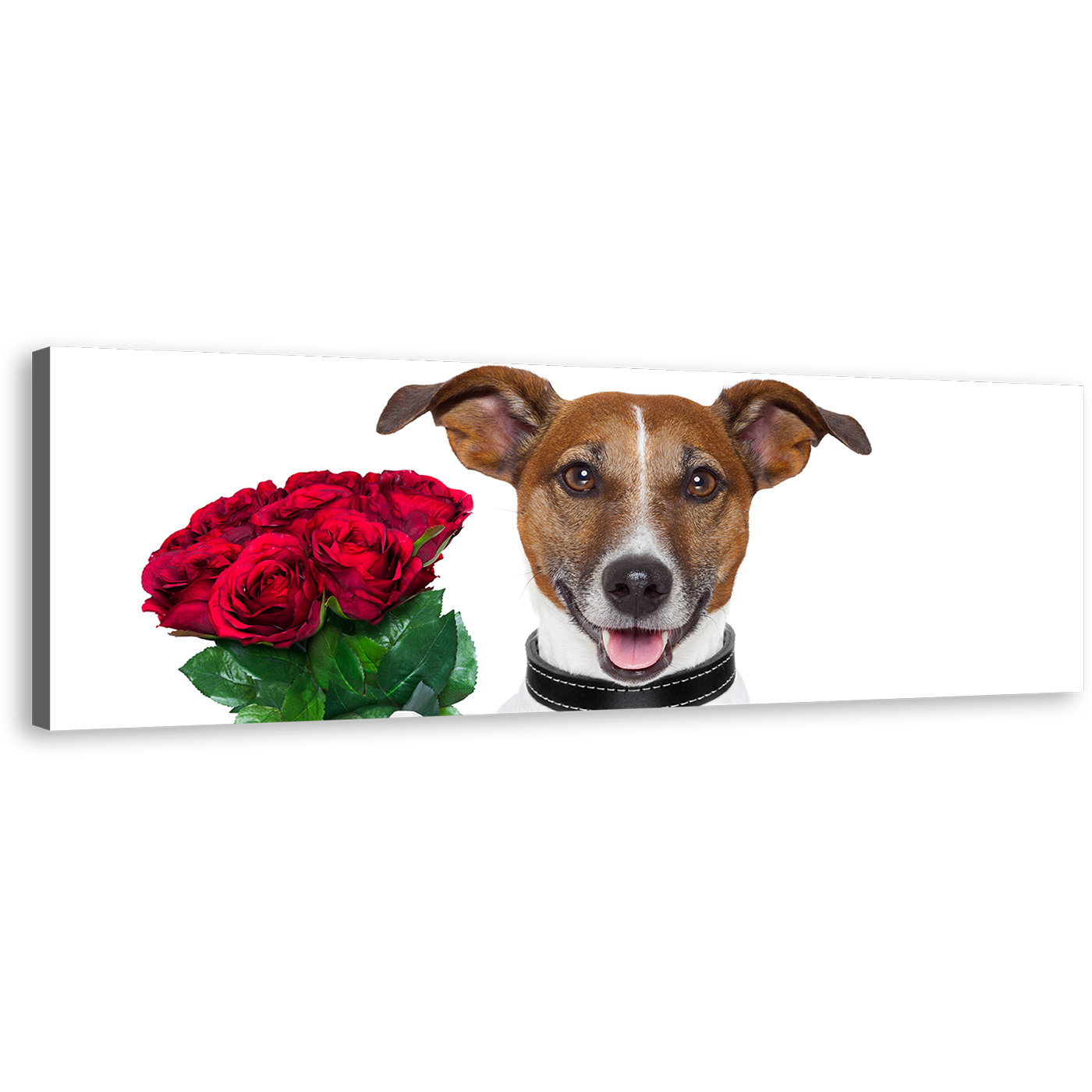 Romantic Dog Canvas Print, Dog Holding Red Roses 1 Piece Canvas Wall Art, Brown Dog Holding Present Canvas Artwork