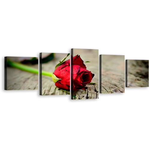 Romantic Flower Canvas Wall Art, Red Rose Floral Canvas Print, Rose Brown Blurred Background 5 Piece Multiple Canvas