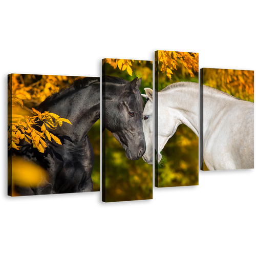 Romantic Horses Canvas Wall Art, Black and White Horses 4 Piece Canvas Print, Horses Portrait Multi Canvas Artwork