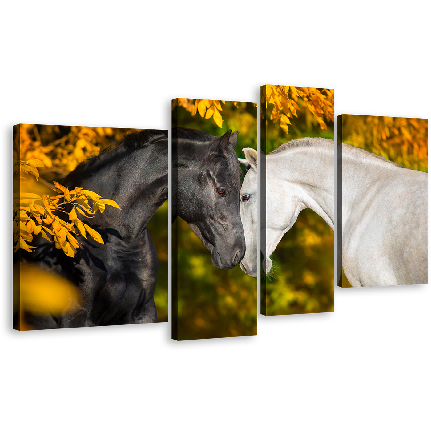 Romantic Horses Canvas Wall Art, Black and White Horses 4 Piece Canvas Print, Horses Portrait Multi Canvas Artwork