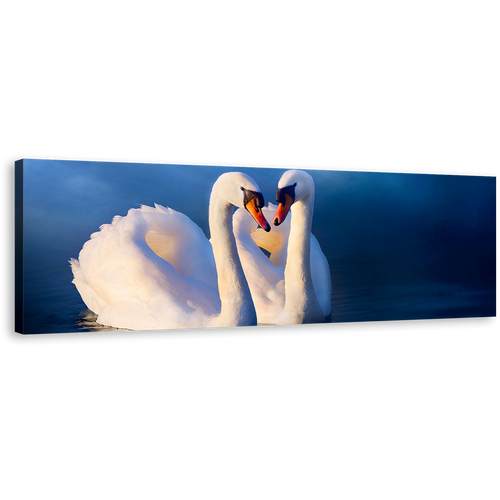 Romantic Swans Canvas Print, Beautiful White Swans in Love Canvas Wall Art, Blue Background Calm Water 1 Piece Canvas