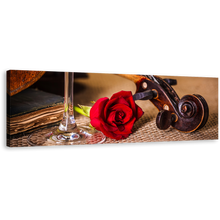 Load image into Gallery viewer, Romantic Violin Canvas Print, Red Rose Flower 1 Piece Canvas Wall Art, Brown Violin Scroll Canvas Artwork
