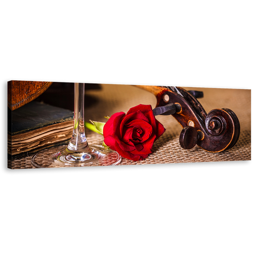 Romantic Violin Canvas Print, Red Rose Flower 1 Piece Canvas Wall Art, Brown Violin Scroll Canvas Artwork