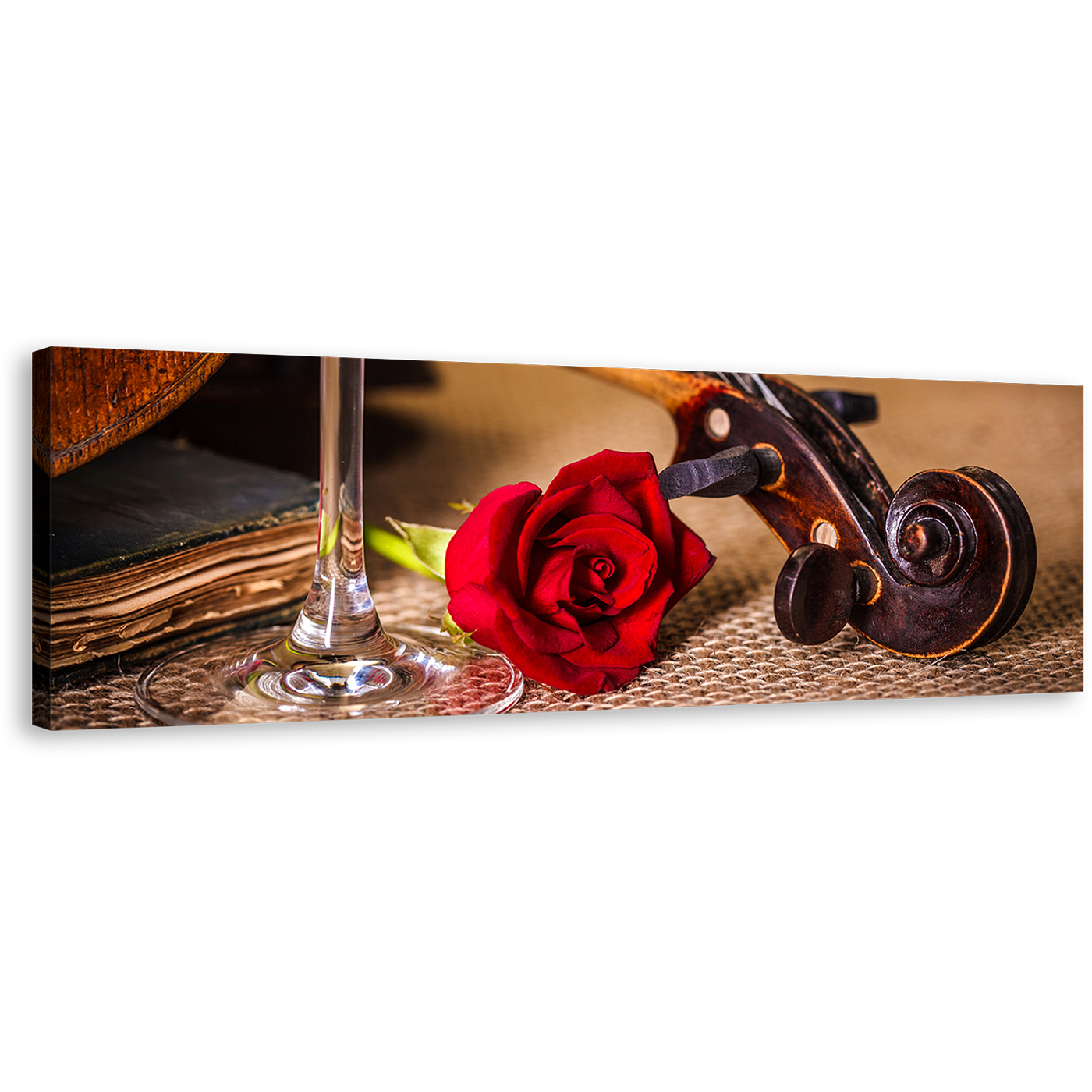 Romantic Violin Canvas Print, Red Rose Flower 1 Piece Canvas Wall Art, Brown Violin Scroll Canvas Artwork