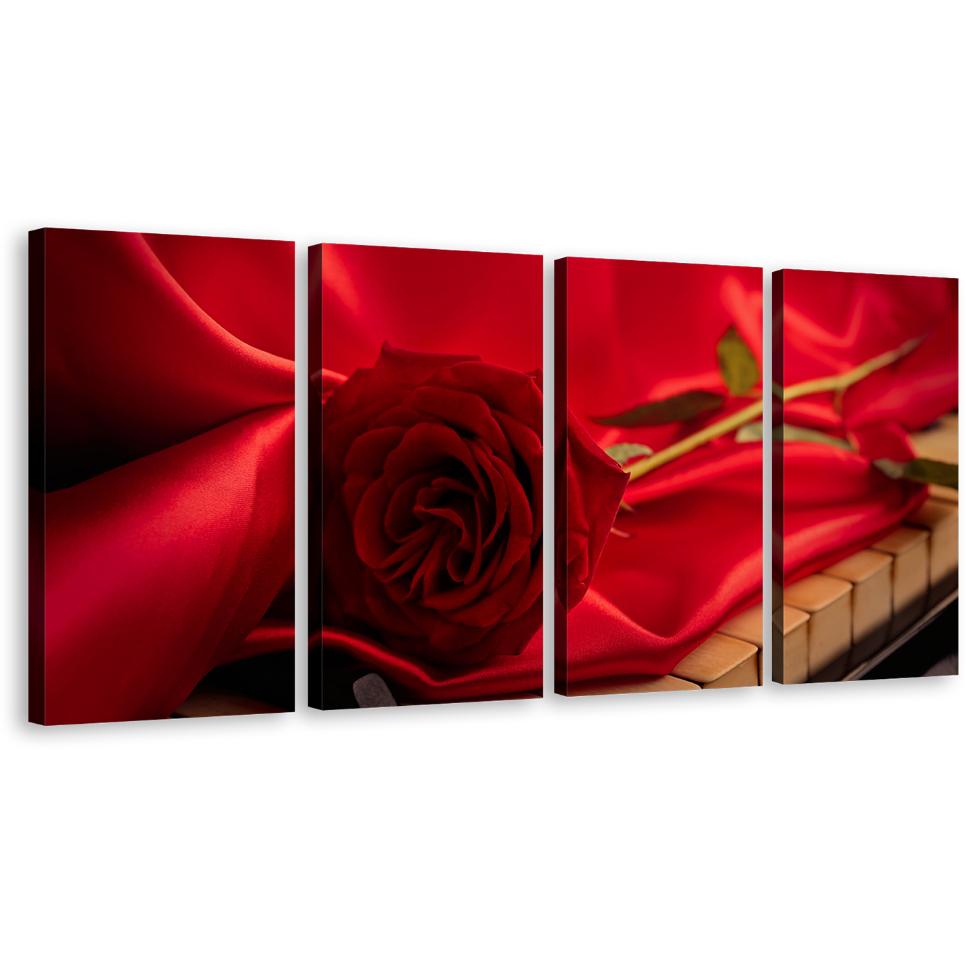 Rose Floral Canvas Print, Flower with Red Cloth 4 Piece Canvas Wall Art, Beautiful Rose Piano Canvas Print