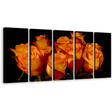 Load image into Gallery viewer, Rose Floral Canvas Print, Radiant Orange Flowers Close Up 5 Piece Multiple Canvas, Black Background with Rose Bunch Wall Art
