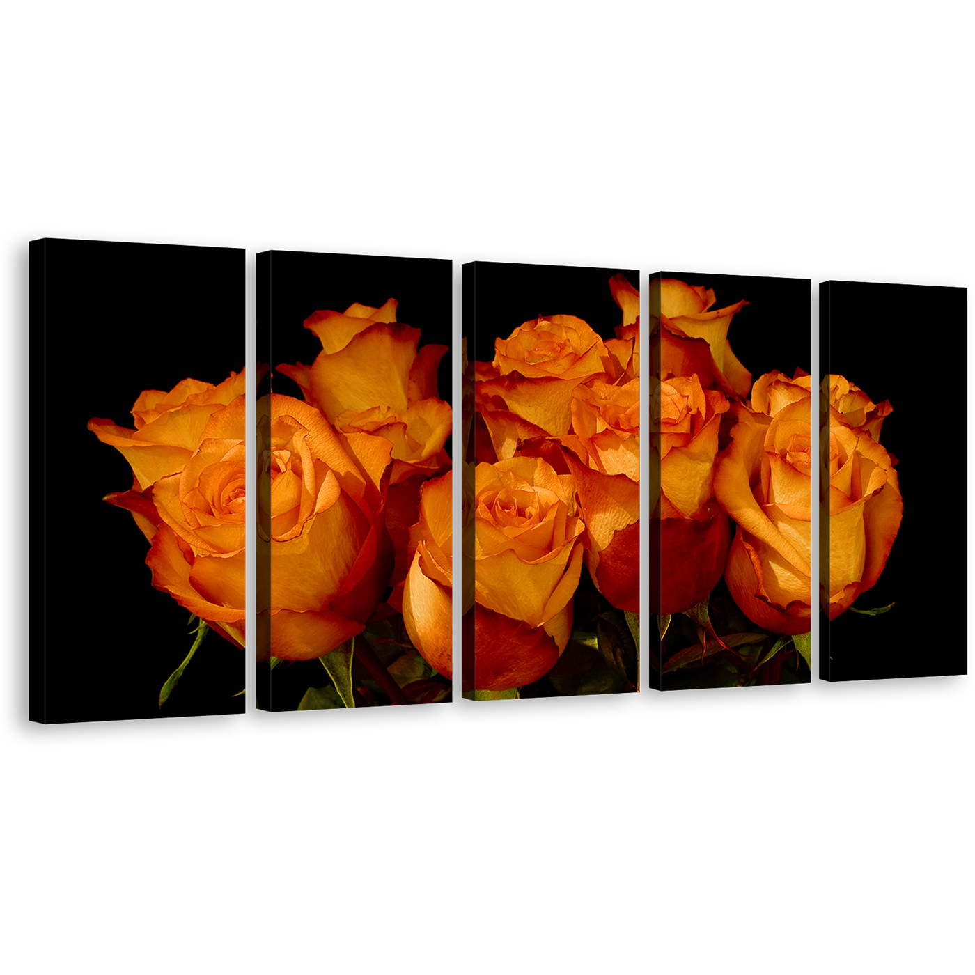 Rose Floral Canvas Print, Radiant Orange Flowers Close Up 5 Piece Multiple Canvas, Black Background with Rose Bunch Wall Art