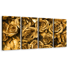 Load image into Gallery viewer, Rose Floral Canvas Wall Art, Beautiful Golden Roses Multi Canvas Artwork, Yellow Roses Flowers Close Up 4 Piece Canvas Print
