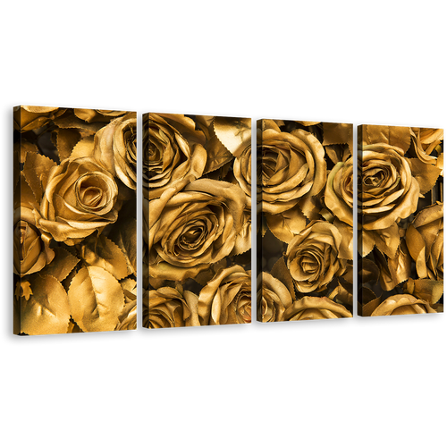 Rose Floral Canvas Wall Art, Beautiful Golden Roses Multi Canvas Artwork, Yellow Roses Flowers Close Up 4 Piece Canvas Print