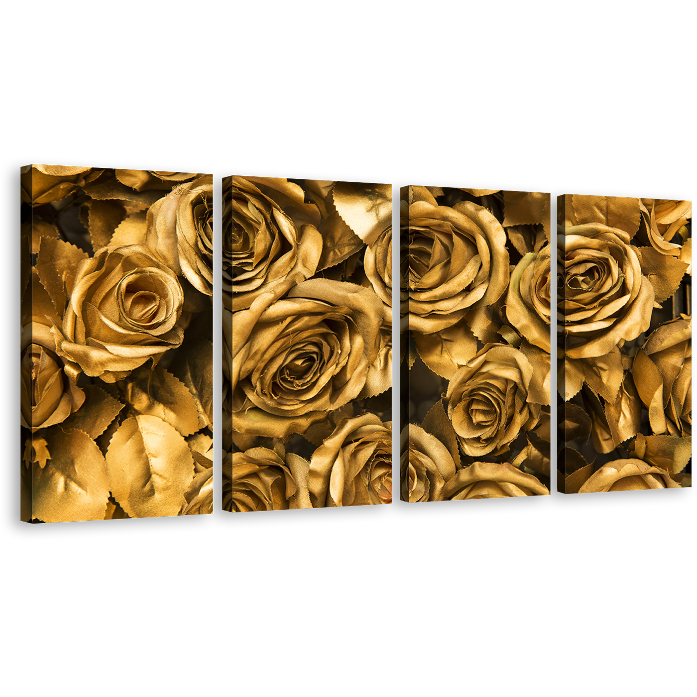 Rose Floral Canvas Wall Art, Beautiful Golden Roses Multi Canvas Artwork, Yellow Roses Flowers Close Up 4 Piece Canvas Print