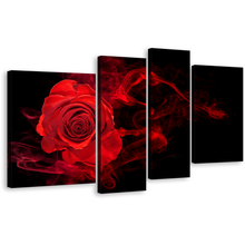 Load image into Gallery viewer, Rose Floral Canvas Wall Art, Black Background Abstract Rose 4 Piece Canvas Print, Red Rose Flower Multi Canvas Artwork
