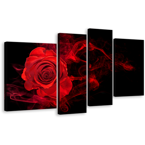 Rose Floral Canvas Wall Art, Black Background Abstract Rose 4 Piece Canvas Print, Red Rose Flower Multi Canvas Artwork