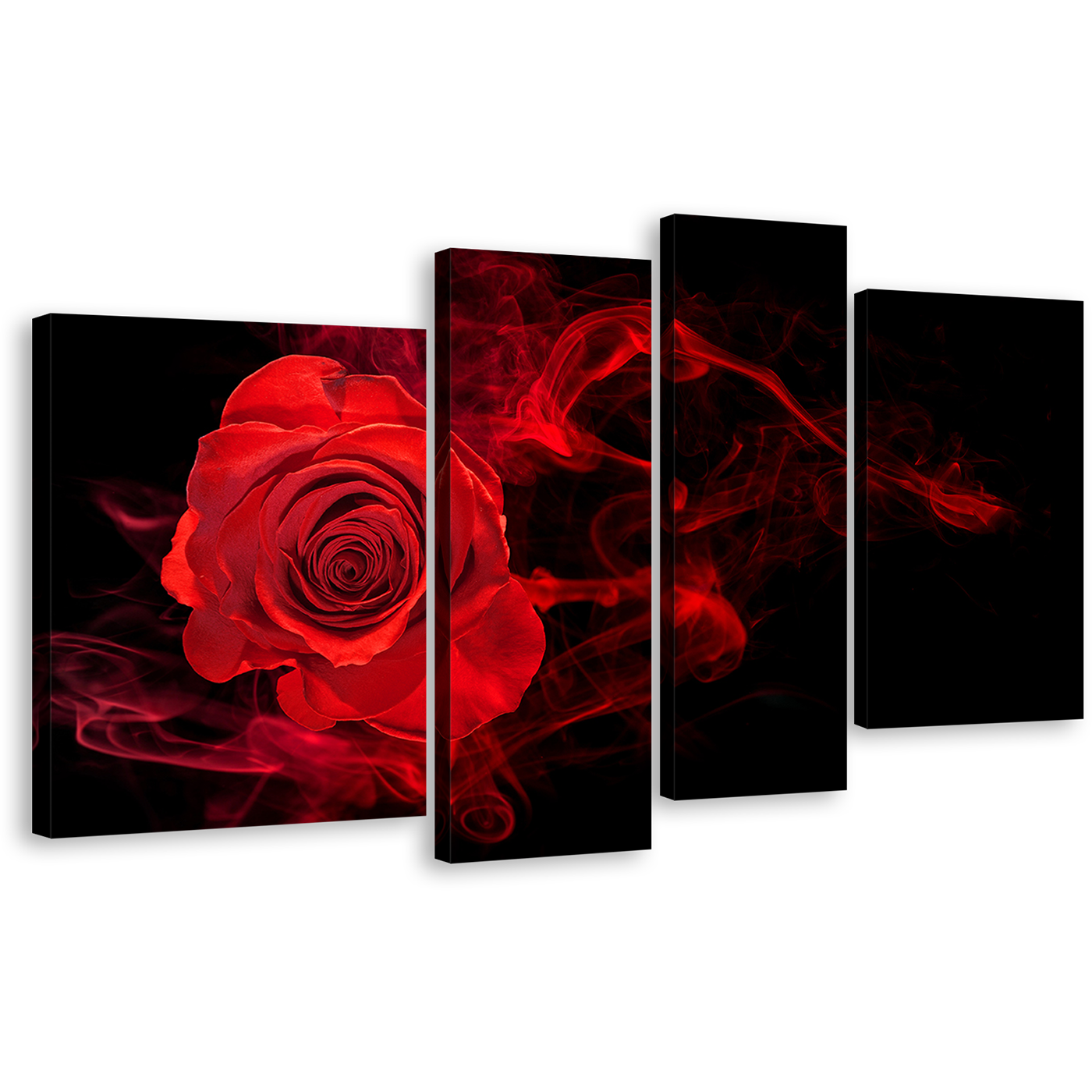 Rose Floral Canvas Wall Art, Black Background Abstract Rose 4 Piece Canvas Print, Red Rose Flower Multi Canvas Artwork