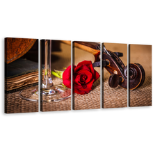 Load image into Gallery viewer, Rose Floral Canvas Wall Art, Brown Violin Scroll with Rose 5 Piece Canvas Print, Romantic Violin Canvas Set
