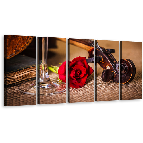 Rose Floral Canvas Wall Art, Brown Violin Scroll with Rose 5 Piece Canvas Print, Romantic Violin Canvas Set