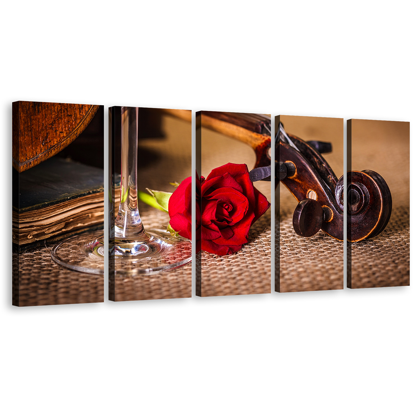 Rose Floral Canvas Wall Art, Brown Violin Scroll with Rose 5 Piece Canvas Print, Romantic Violin Canvas Set