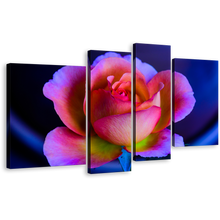 Load image into Gallery viewer, Rose Floral Canvas Wall Art, Pink Purple Rose 4 Piece Canvas Print, Blue Background Flower Multi Panel Canvas
