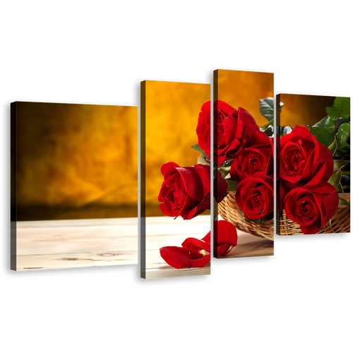 Rose Floral Wall Art, Fresh Red Rosses Multi Canvas, Brown Background Flowers 4 Piece Canvas Print