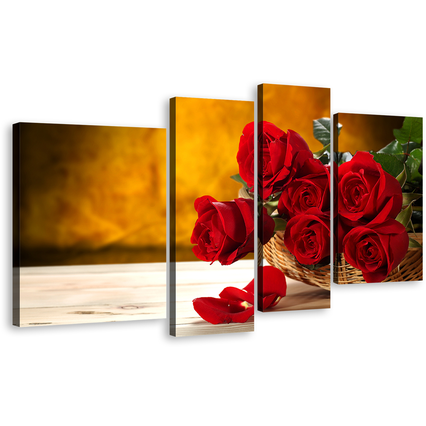 Rose Floral Wall Art, Fresh Red Rosses Multi Canvas, Brown Background Flowers 4 Piece Canvas Print