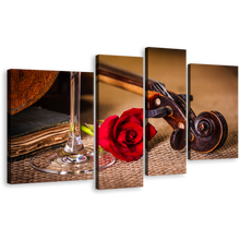 Load image into Gallery viewer, Rose Flower Canvas Wall Art, Brown Violin Scroll Canvas Print, Red Rose on Violin 4 Piece Multiple Canvas
