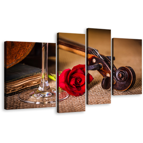 Rose Flower Canvas Wall Art, Brown Violin Scroll Canvas Print, Red Rose on Violin 4 Piece Multiple Canvas