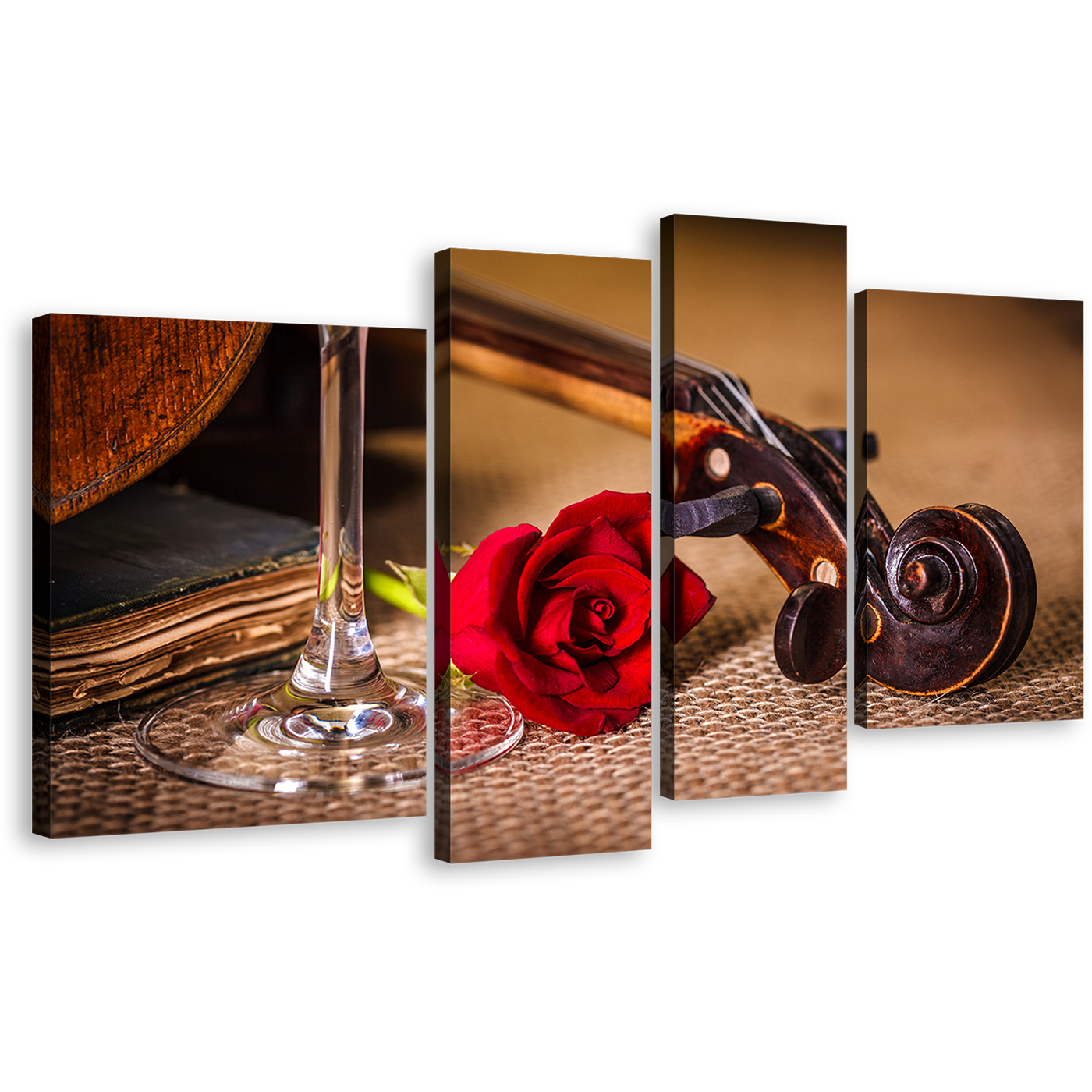 Rose Flower Canvas Wall Art, Brown Violin Scroll Canvas Print, Red Rose on Violin 4 Piece Multiple Canvas