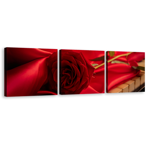 Rose Flower Canvas Wall Art, Red Rose on Instrument 3 Piece Canvas Print, Beautiful Floral Multi Canvas Artwork