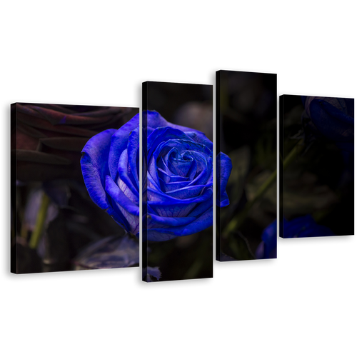 Rose Flower Canvas Wall Art. Isolated Blue Rose 4 Piece Canvas Set, Beautiful Floral Canvas Print