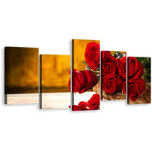 Load image into Gallery viewer, Rose Flower Wall Art, Brown Background Floral 5 Piece Canvas Print, Red Rosses Multiple Canvas
