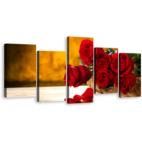 Rose Flower Wall Art, Brown Background Floral 5 Piece Canvas Print, Red Rosses Multiple Canvas