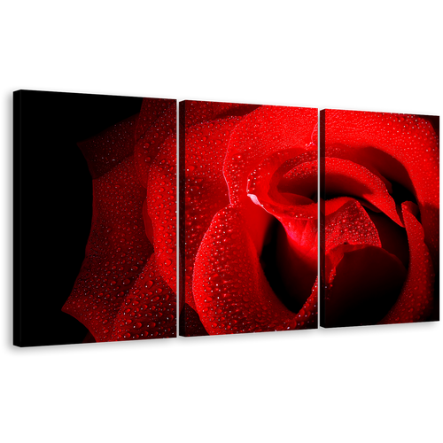 Rose Flowers Canvas Wall Art, Black Background With Raindrops 3 Piece Multi Canvas Artwork, Red Rose Close Up Triptych Canvas Print