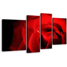 Load image into Gallery viewer, Rose Flowers Canvas Wall Art, Black Background With Raindrops 4 Piece Canvas, Red Rose Close Up Canvas Print
