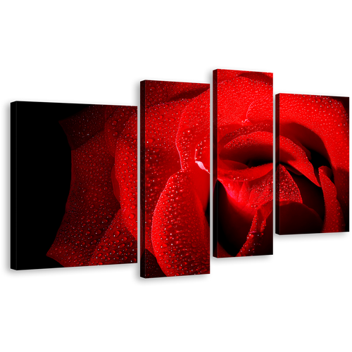 Rose Flowers Canvas Wall Art, Black Background With Raindrops 4 Piece Canvas, Red Rose Close Up Canvas Print