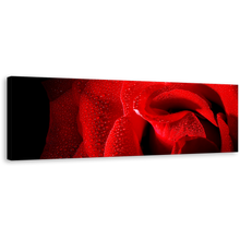 Load image into Gallery viewer, Rose Flowers Canvas Wall Art, Red Rose Close Up Panoramic Canvas Print, Black Background With Raindrops 1 Piece Canvas Artwork
