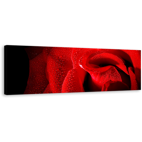 Rose Flowers Canvas Wall Art, Red Rose Close Up Panoramic Canvas Print, Black Background With Raindrops 1 Piece Canvas Artwork