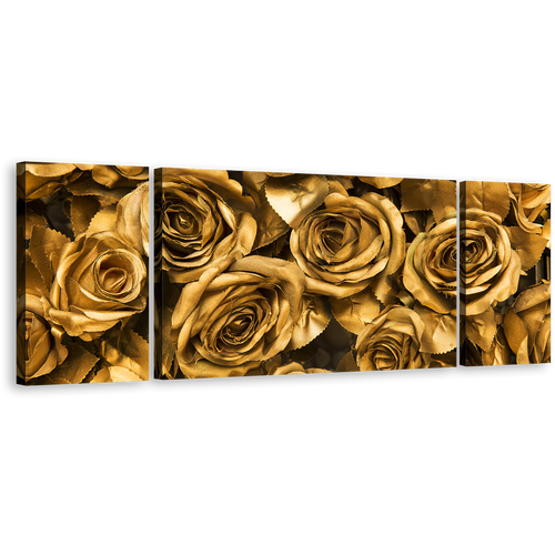 Rose Flowers Canvas Wall Art, Yellow Roses Close Up 3 Piece Canvas Set, Golden Floral Canvas Print