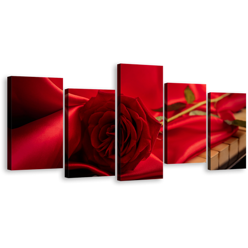 Rose Instrument Canvas Wall Art, Red Rose Piano 5 Piece Canvas Print, Flower with Cloth Multi Canvas Artwork