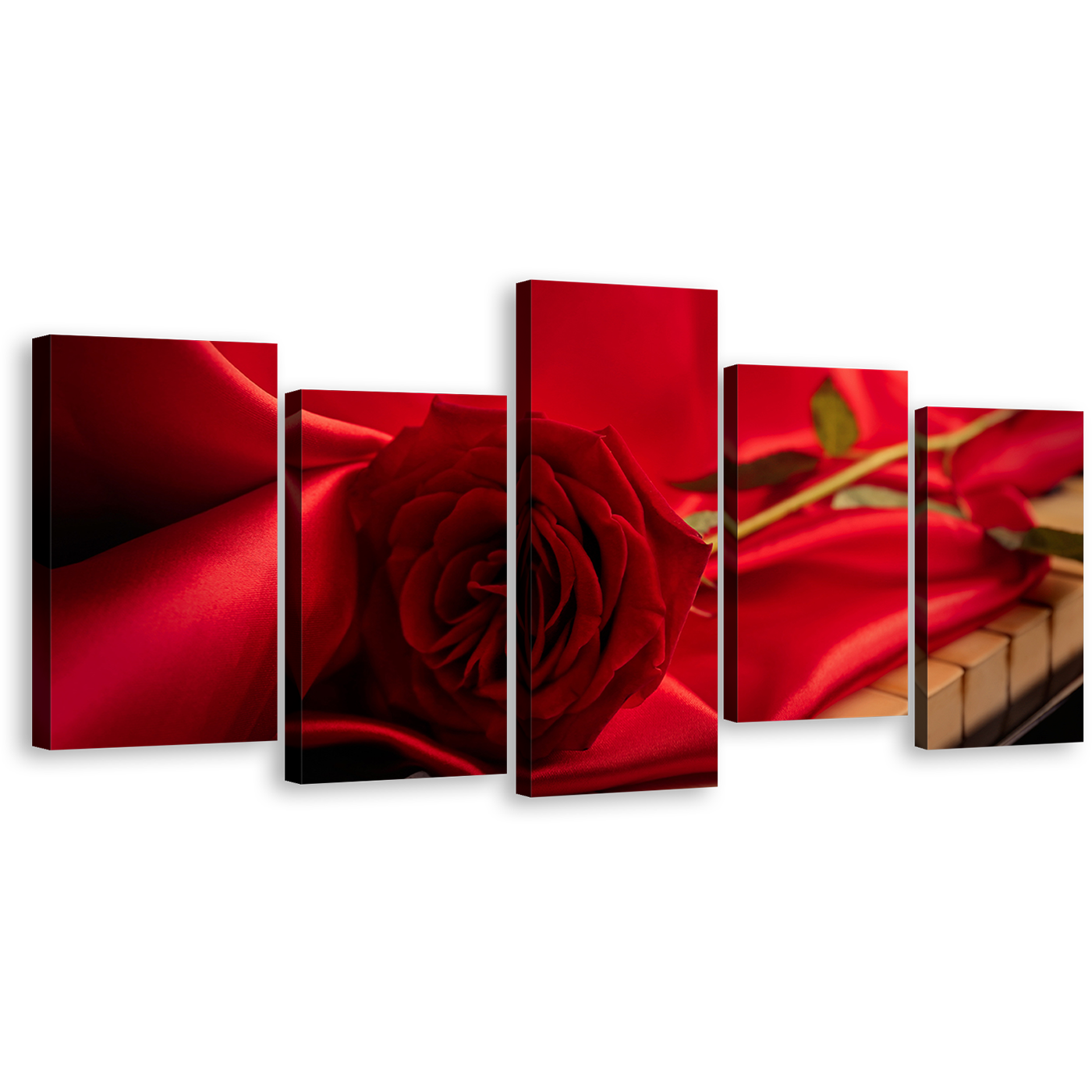 Rose Instrument Canvas Wall Art, Red Rose Piano 5 Piece Canvas Print, Flower with Cloth Multi Canvas Artwork