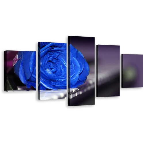 Rose Instrument Canvas Wall Art, Romantic Piano 5 Piece Canvas Print, Blue Rose Flowers Multi Canvas Artwork