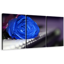 Load image into Gallery viewer, Rose Piano Canvas Wall Art, Rose on Keyboard 3 Piece Multi Canvas Artwork, Blue Flower Triptych Canvas Print
