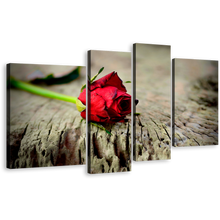 Load image into Gallery viewer, Rose Romance Canvas Wall Art, Red Rose Still Life 4 Piece Canvas Print, Rose on Brown Wood Multi Canvas Artwork
