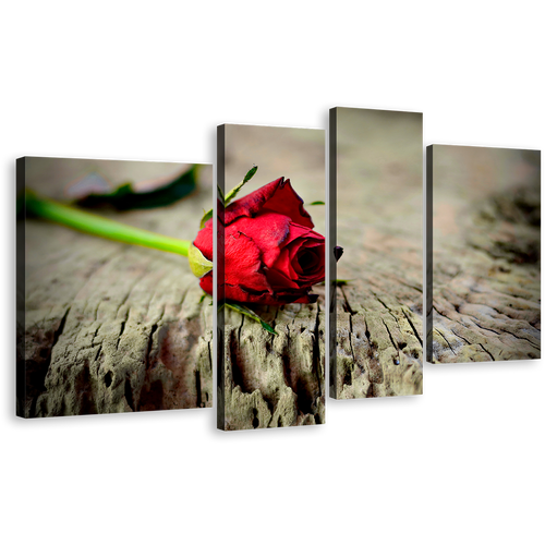 Rose Romance Canvas Wall Art, Red Rose Still Life 4 Piece Canvas Print, Rose on Brown Wood Multi Canvas Artwork