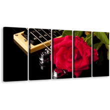 Load image into Gallery viewer, Roses Flower Canvas Wall Art, Black Guitar Instruments Floral Multi Canvas, Romantic Red Rose 5 Piece Canvas Print
