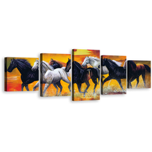 Load image into Gallery viewer, Running Horse Canvas Wall Art, Horses Orange Sky Beach 5 Piece Canvas, Black White Horses in Water Canvas Print
