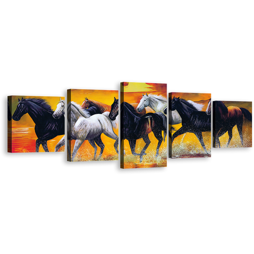 Running Horse Canvas Wall Art, Horses Orange Sky Beach 5 Piece Canvas, Black White Horses in Water Canvas Print