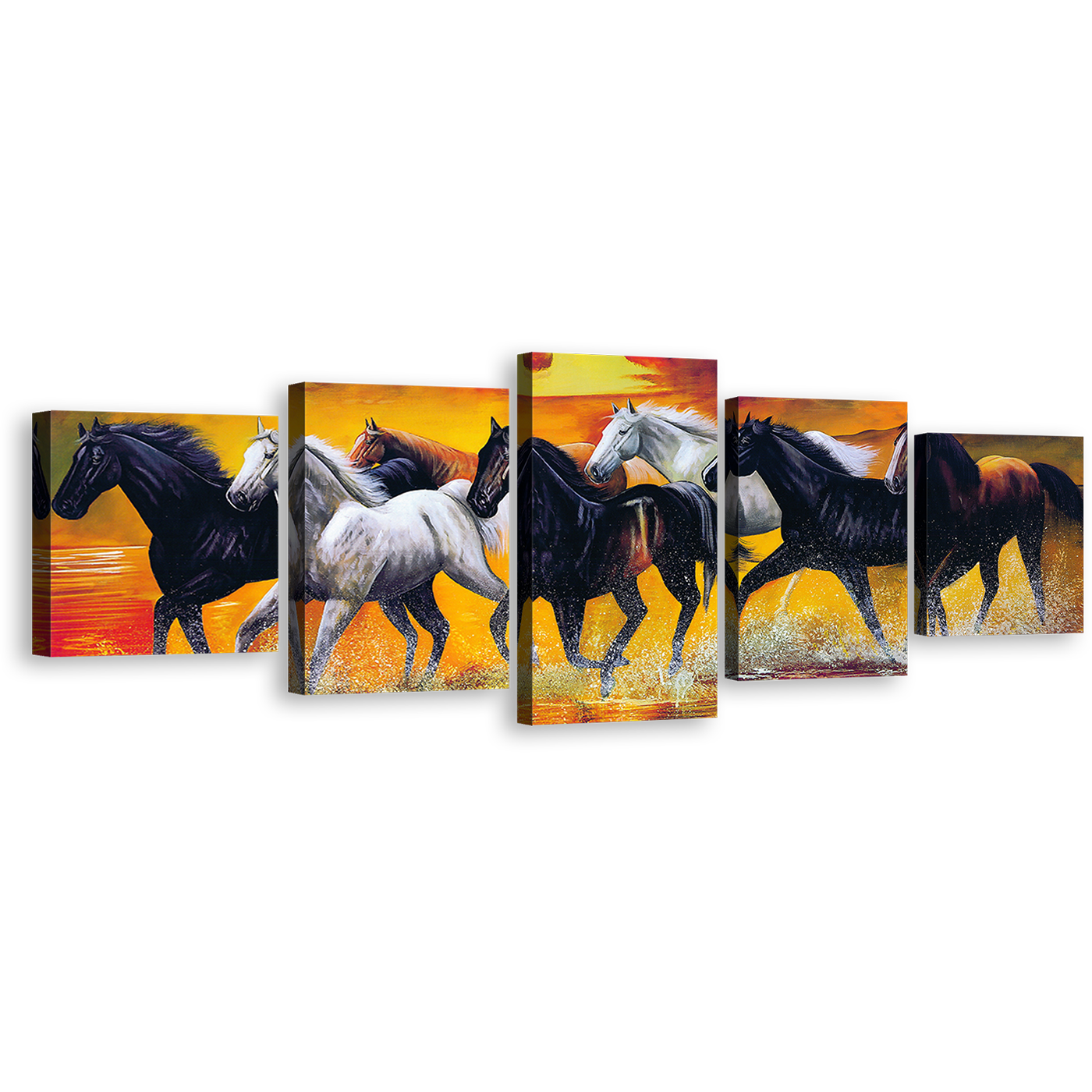 Running Horse Canvas Wall Art, Horses Orange Sky Beach 5 Piece Canvas, Black White Horses in Water Canvas Print