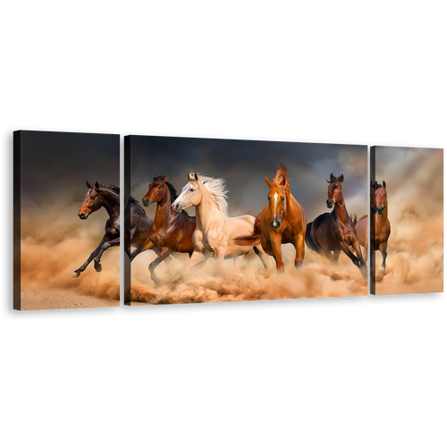 Running Horses Canvas Print, Animal Run In Sky Desert 3 Piece Canvas Art, White Brown Horses Wall Art