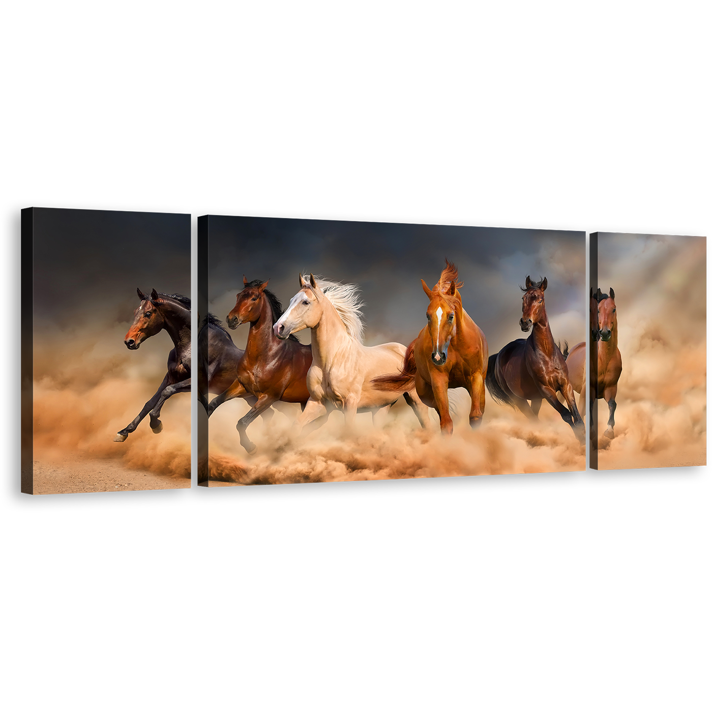 Running Horses Canvas Print, Animal Run In Sky Desert 3 Piece Canvas Art, White Brown Horses Wall Art